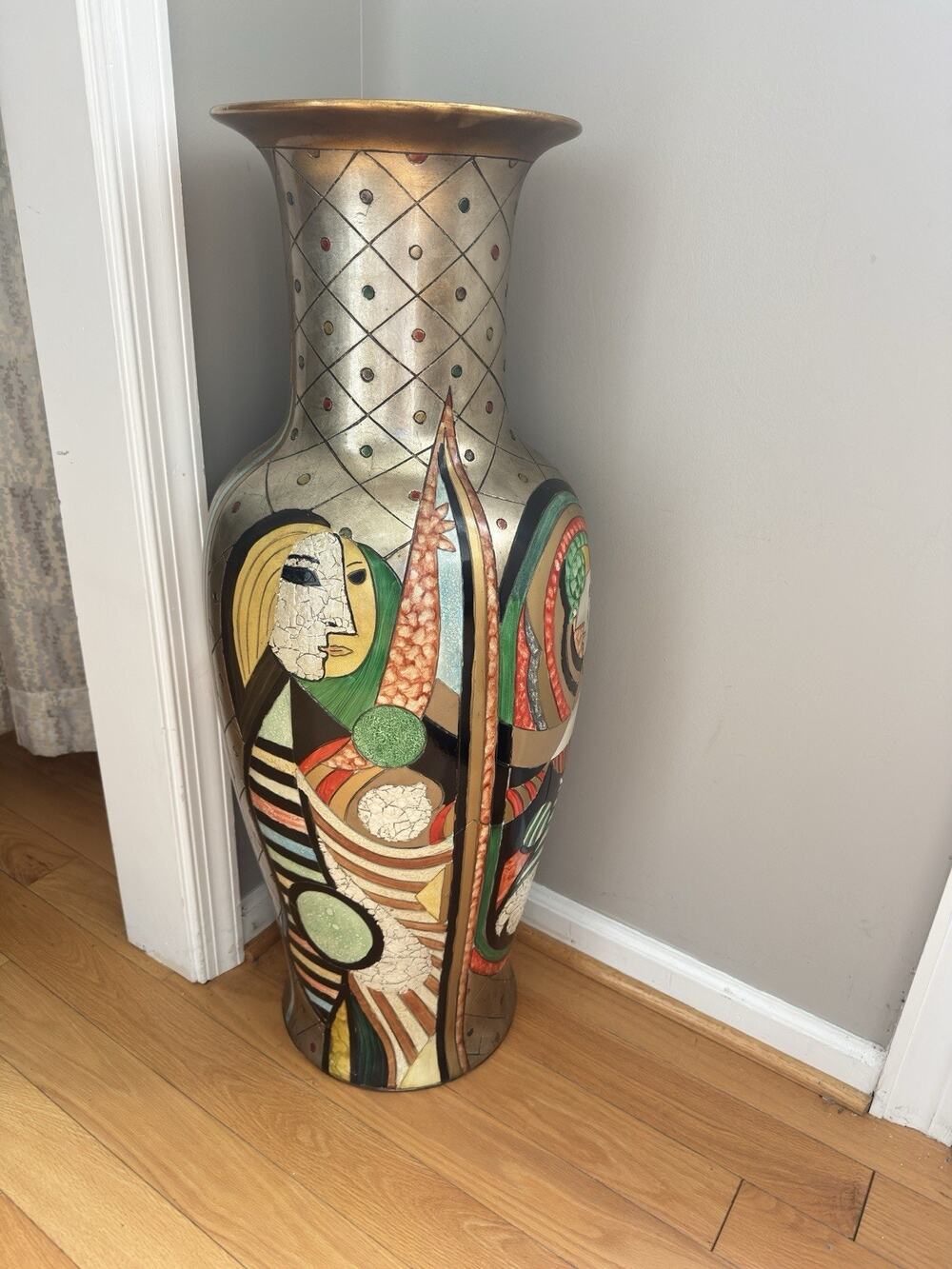 Picasso Inspired Cubist Faces Floor Vase Multicolor Inset Mosaic Art 35” Tall